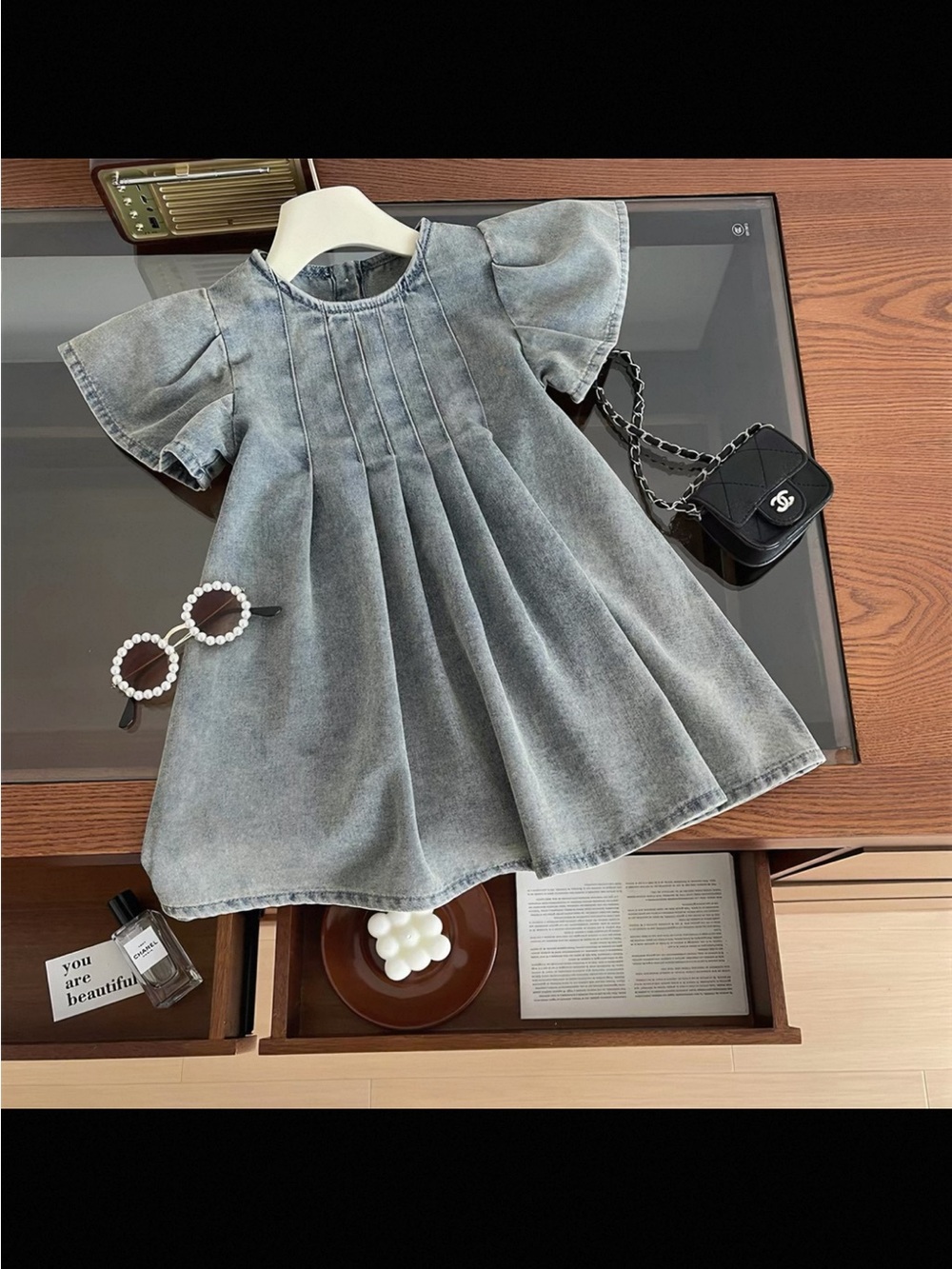 New Classic jeans Girls' Pleated Denim Dress for a height of 120 cm